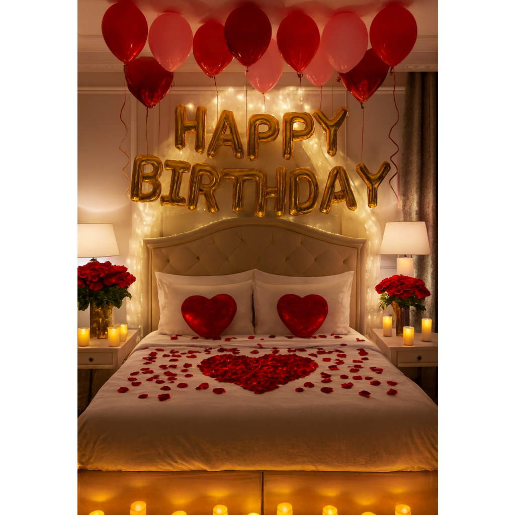 Decorated bedroom with 'Happy Birthday' balloons, heart-shaped pillows, and rose petals on a bed.