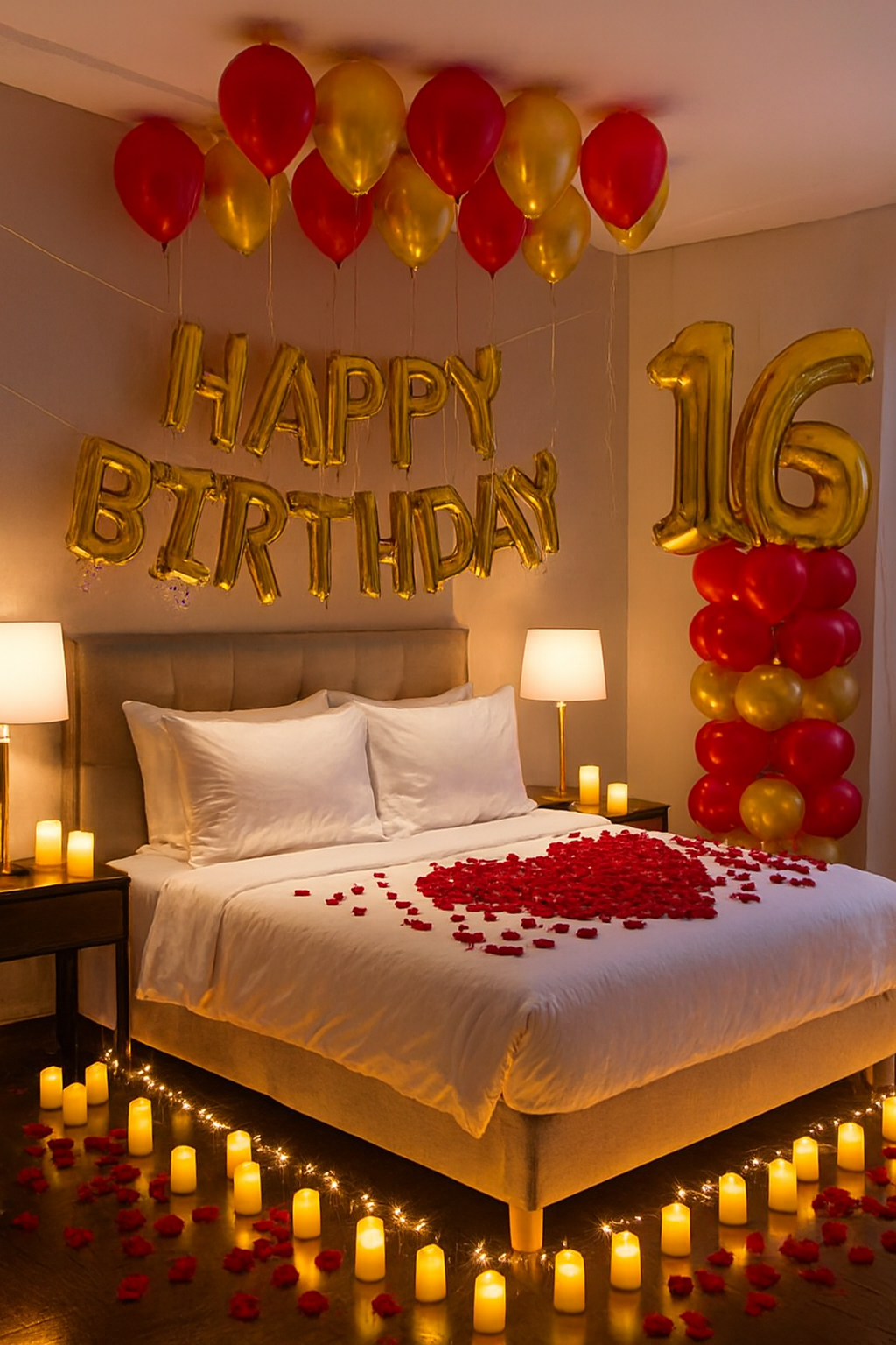 Decorated bedroom with balloons, candles, and 'Happy Birthday' and '16' balloons.