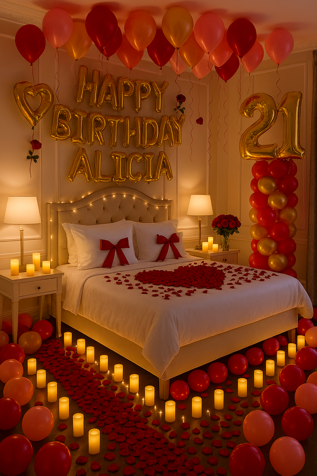 Decorated bedroom with balloons, candles, and 'Happy Birthday Alicia' sign for a 21st birthday celebration.