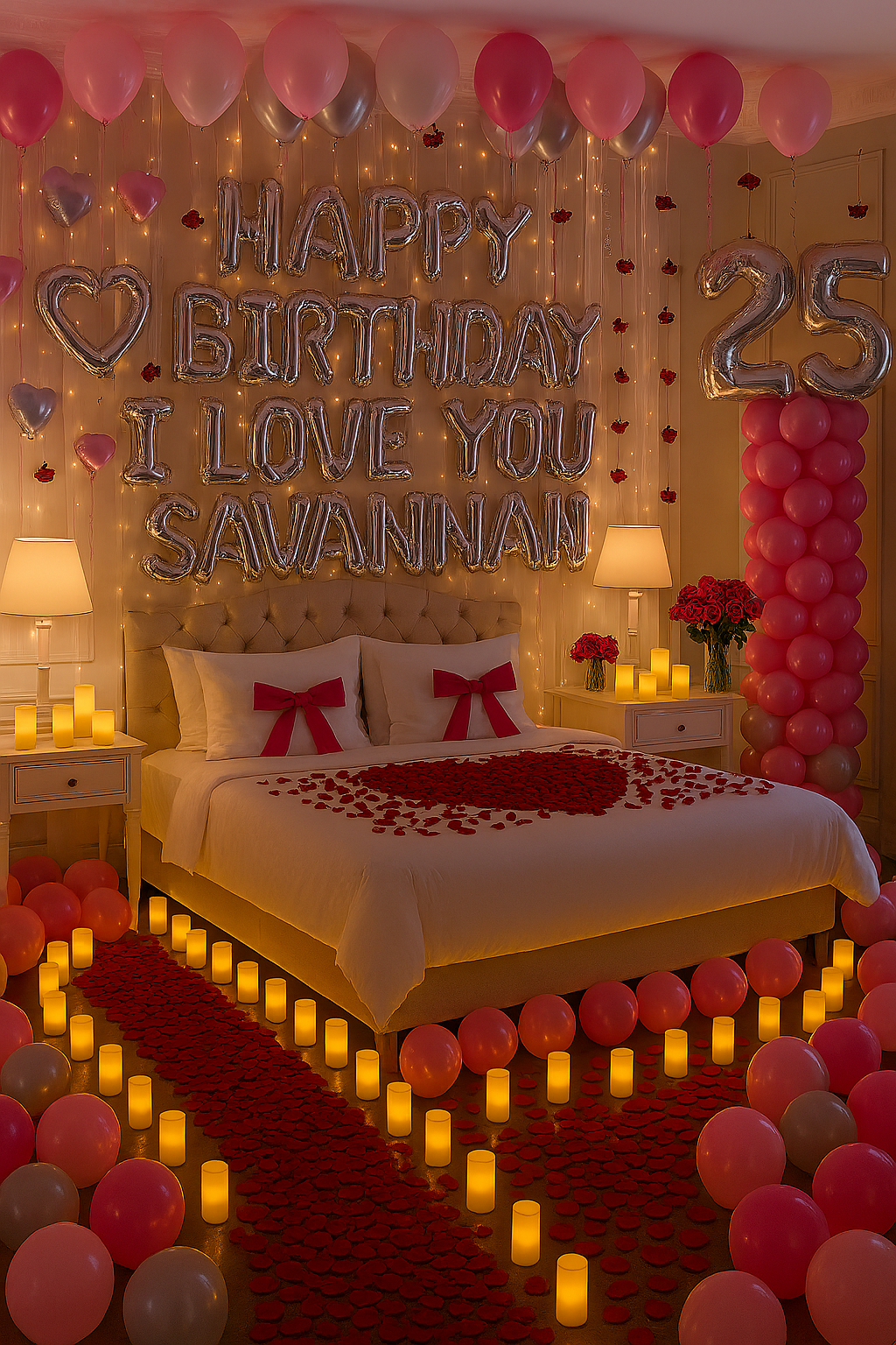Decorated bedroom with balloons, candles, and a 'Happy Birthday I Love You Savannah!' sign.