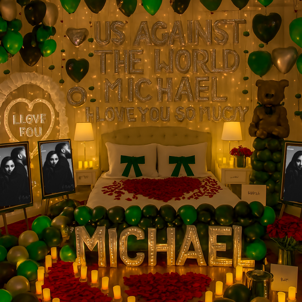 Decorated bedroom with balloons, photos, and 'Michael' themed decorations.