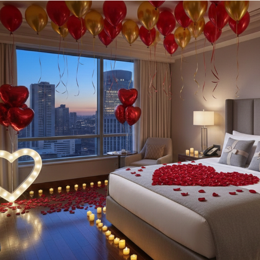 Romantic bedroom with candles, rose petals, and balloons.