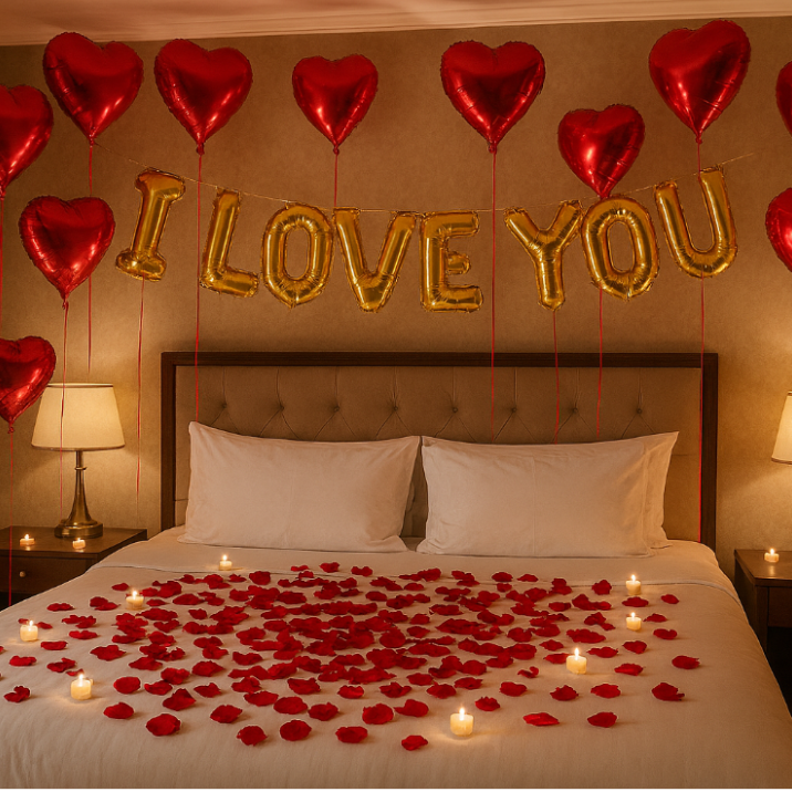 Bedroom with 'I LOVE YOU' balloons and rose petals on a bed