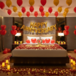 Decorated bedroom with balloons, candles, and 'Happy Anniversary' sign.