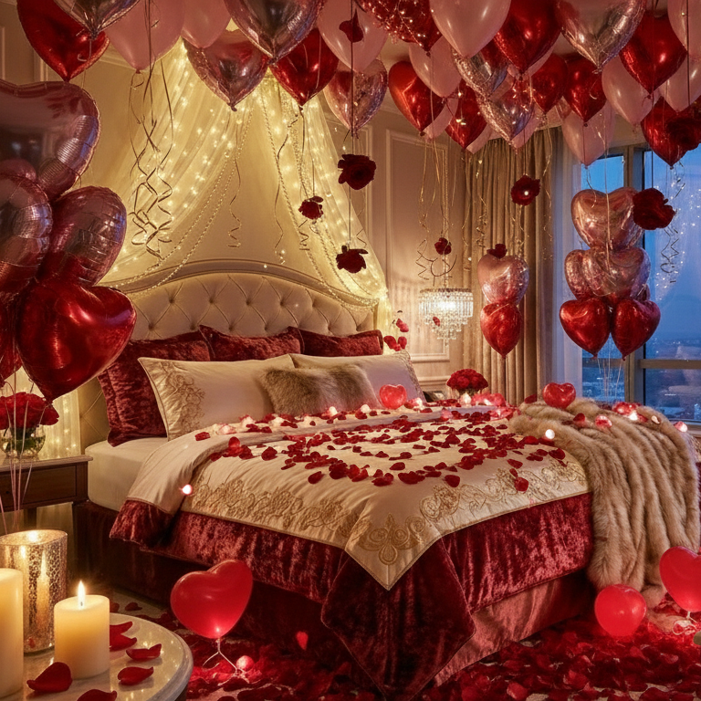 Romantic bedroom setup with balloons, candles, and chocolates for Valentine's Day.