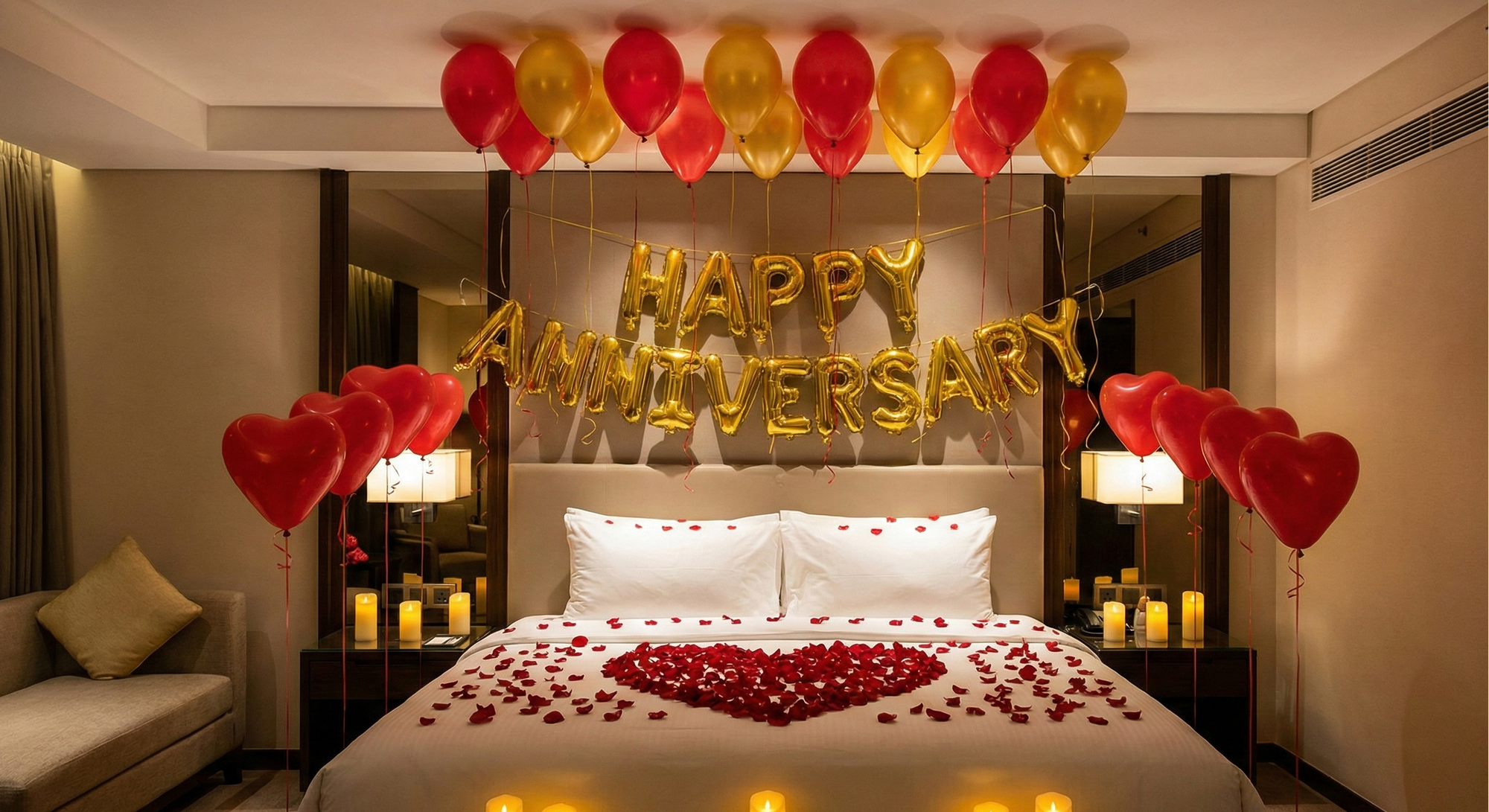Decorated bedroom with 'Happy Anniversary' balloons and candles for a romantic setting.